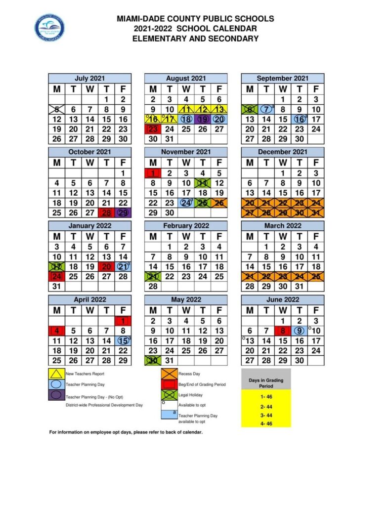 MIAMI DADE COUNTY PUBLIC SCHOOLS 2021 2022 SCHOOL CALENDAR ELEMENTARY 