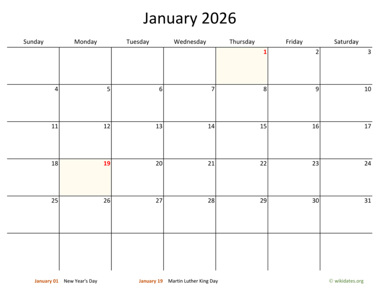 Monthly 2026 Calendar With Bigger Boxes WikiDates