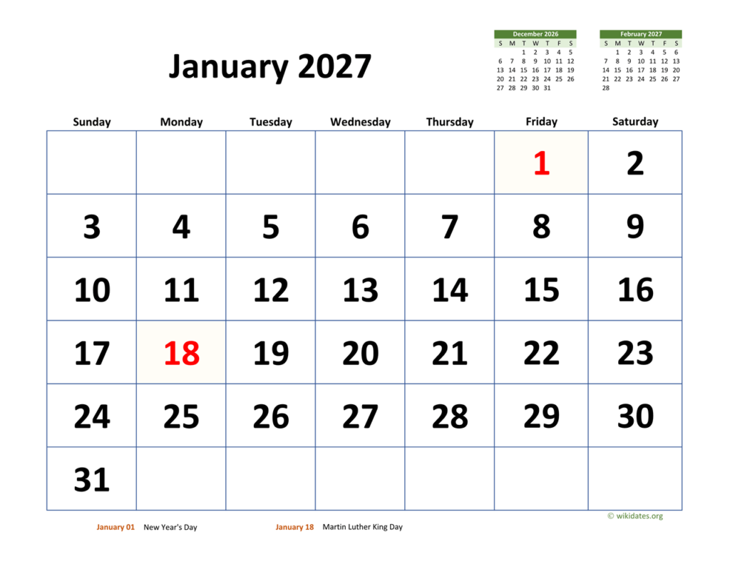 Monthly 2027 Calendar With Extra large Dates WikiDates