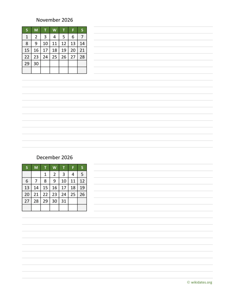 November And December 2026 Calendar WikiDates