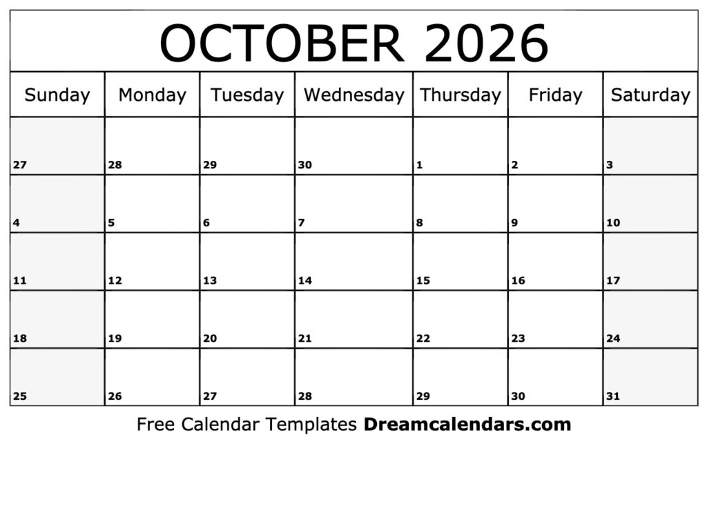 October 2026 Calendar Free Printable With Holidays And Observances