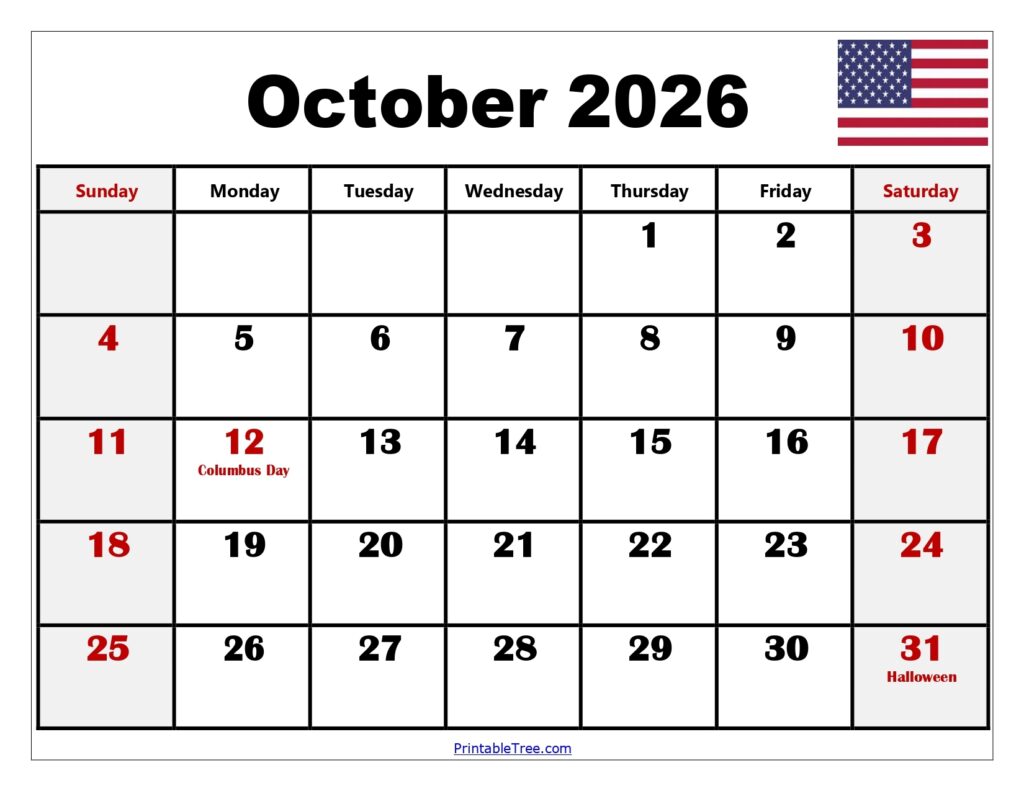 October 2026 Calendar Printable PDF Templates Free Download