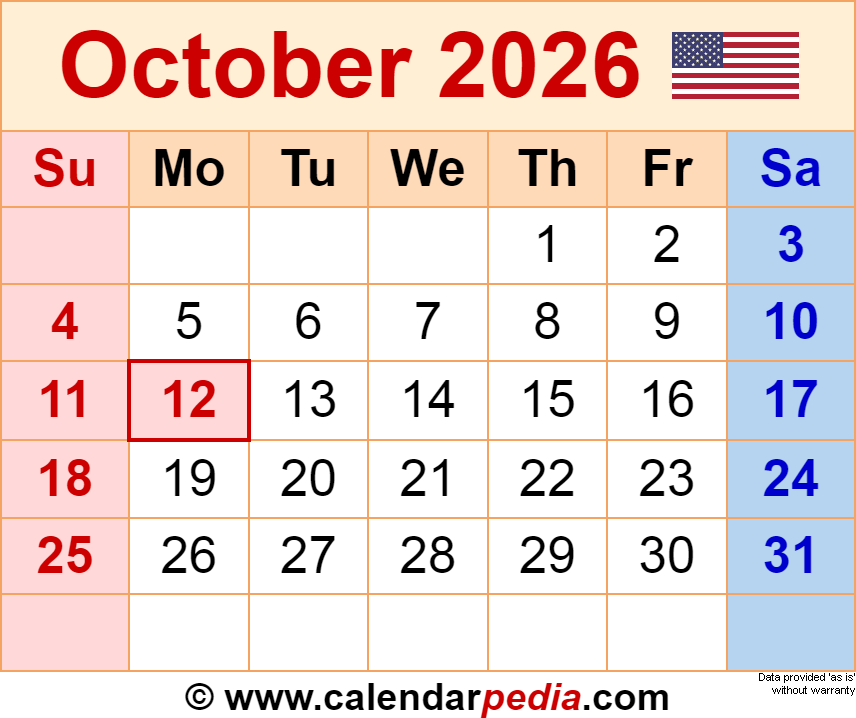 October 2026 Calendar Templates For Word Excel And PDF