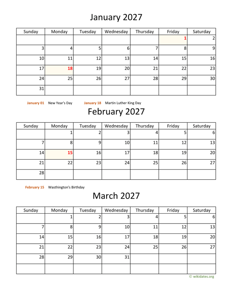 Printable 2027 Calendar WikiDates