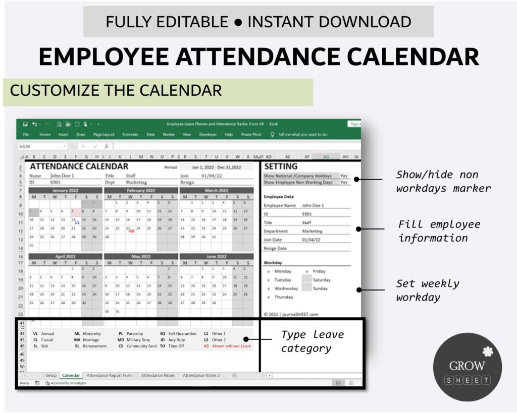 Printable Employee Attendance Calendar Custom Attendance Calendar 2024 