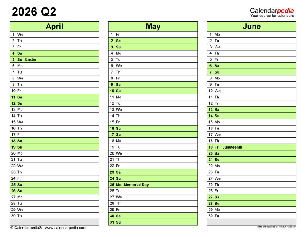 Quarterly Calendars 2026 Free Printable Word Templates