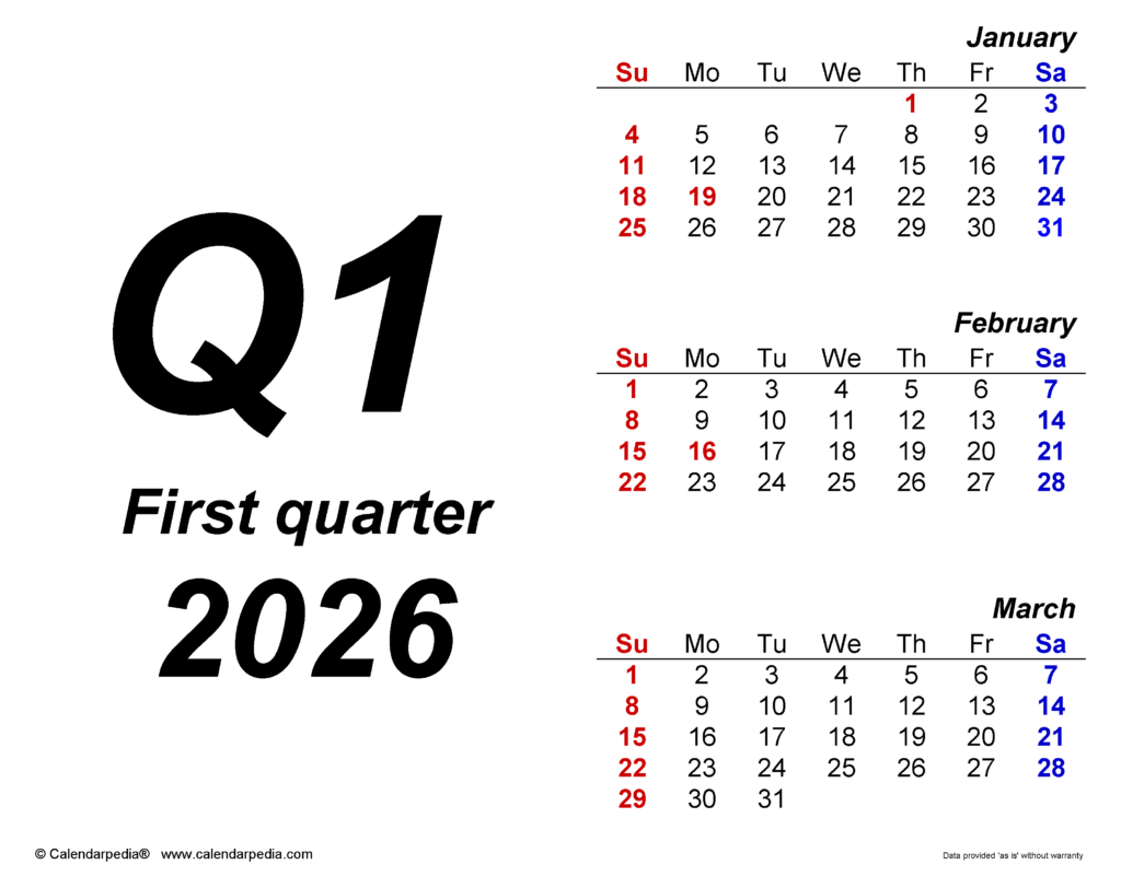 Quarterly Calendars 2026 Free Printable Word Templates