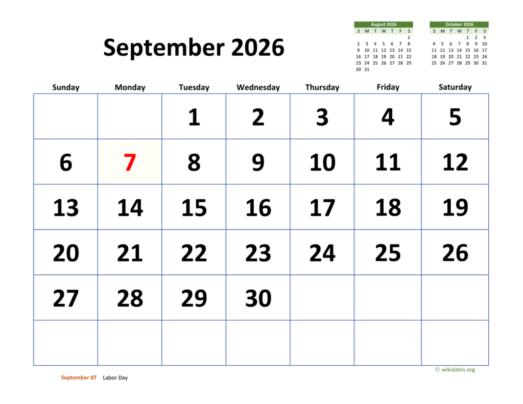 September 2026 Calendar With Extra large Dates WikiDates