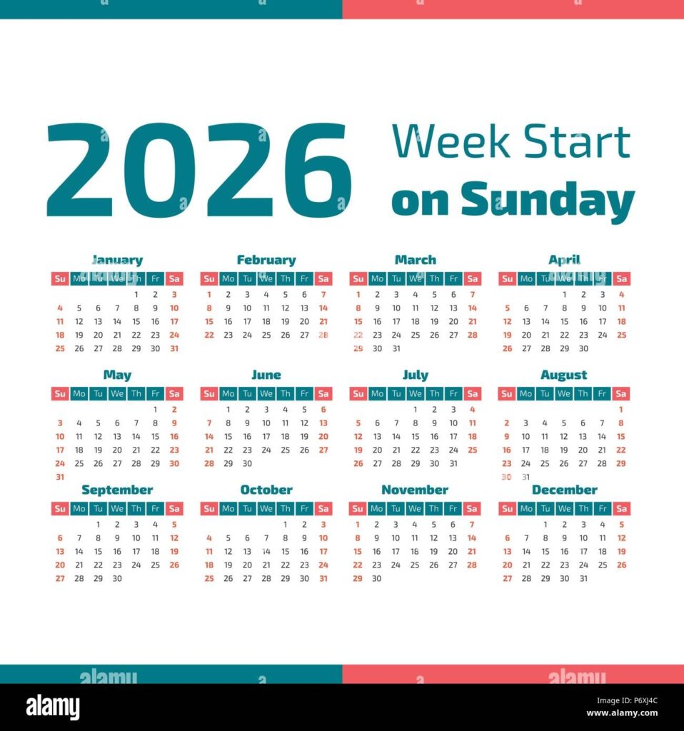 Simple 2026 Year Calendar Week Starts On Sunday Stock Vector Image 