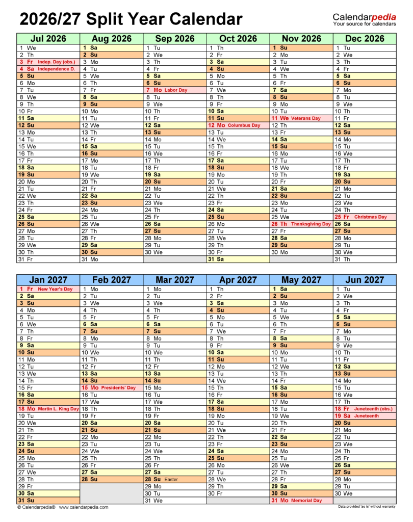 Split Year Calendars 2026 2027 July To June PDF Templates