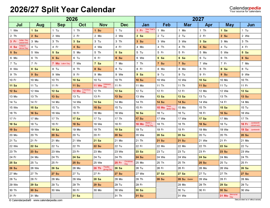 Split Year Calendars 2026 2027 July To June PDF Templates