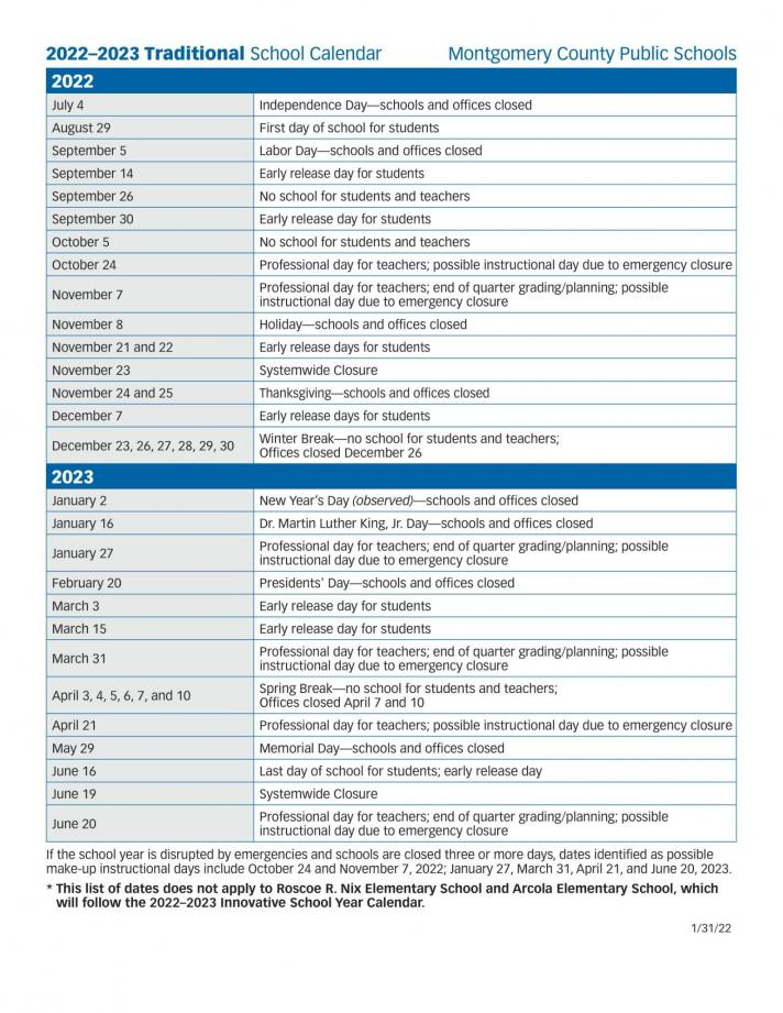 The 2022 2024 Montgomery County Public Schools Calendar Features 