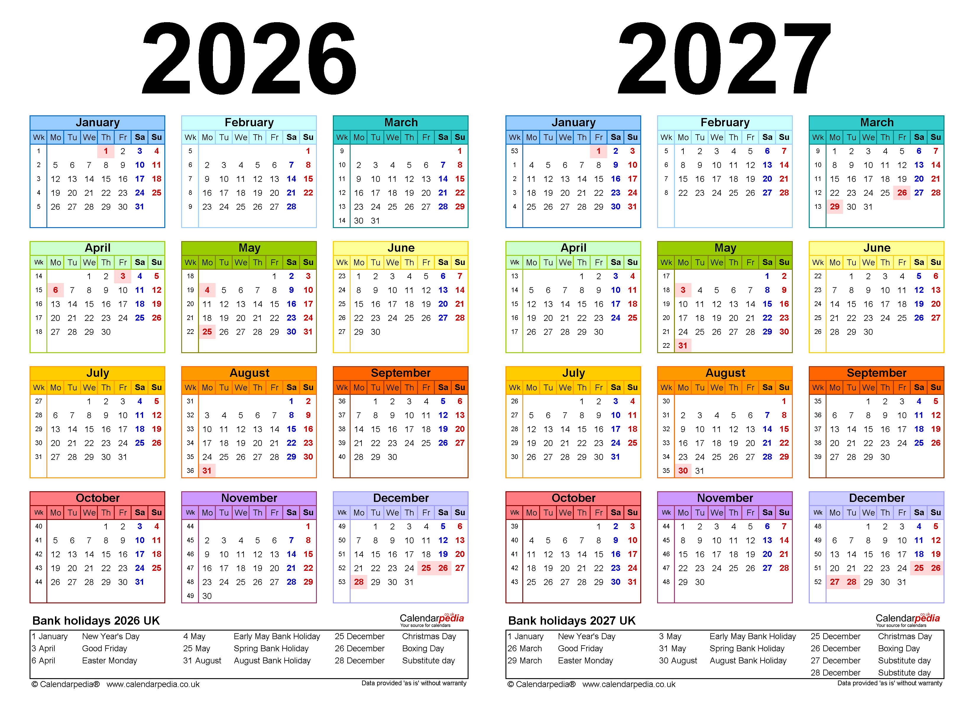 Two Year Calendars For 2026 And 2027 UK For PDF