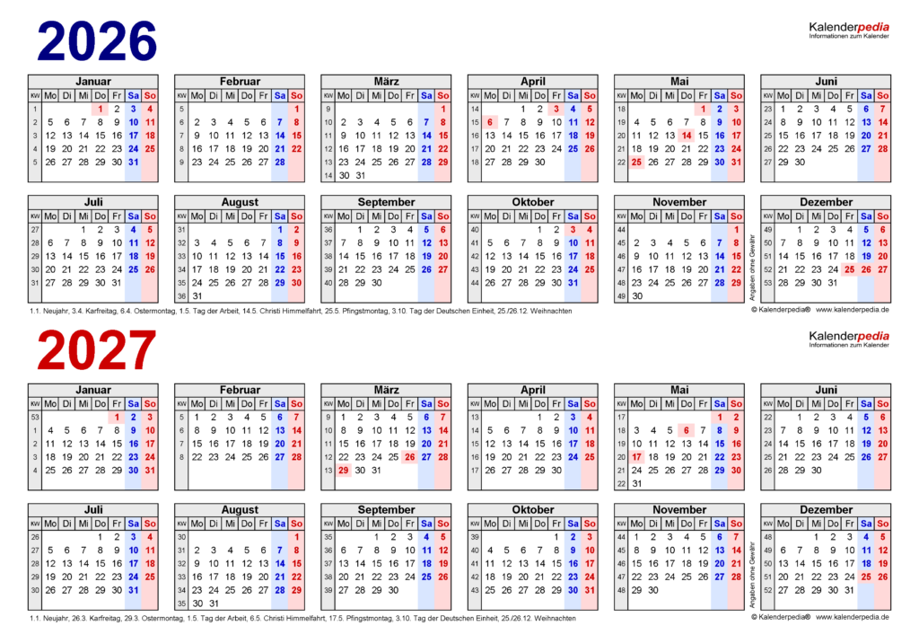 Zweijahreskalender 2026 Und 2027 Als Excel Vorlagen Zum Ausdrucken