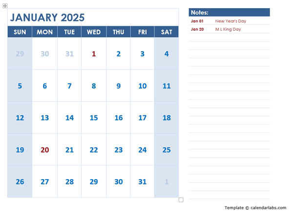 2025 Monthly Calendar Template Landscape Free Printable Templates