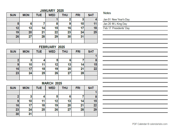 2025 Quarterly Calendar PDF Free Printable Templates