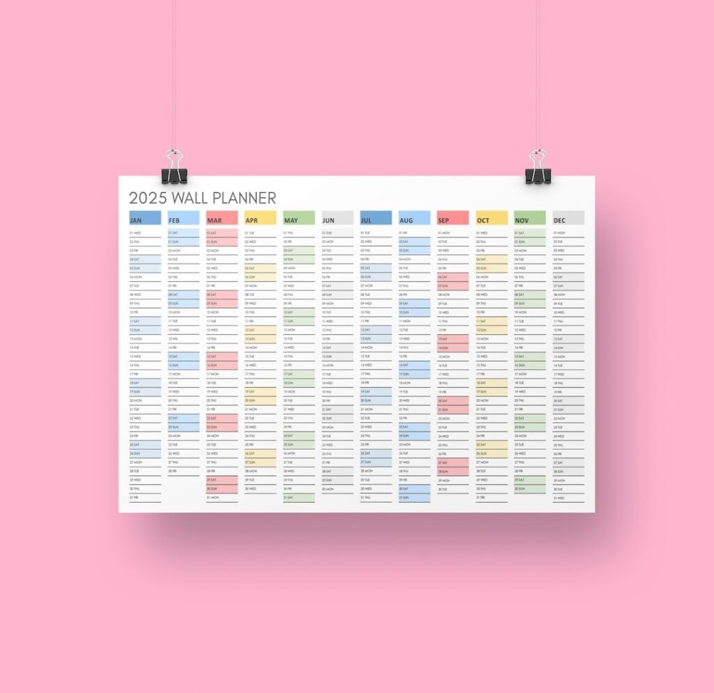 2025 Wall Calendar Multicoloured Annual Yearly Wall Planner In Large 