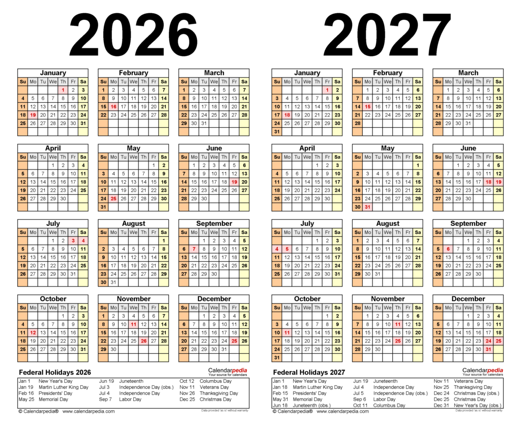 2026 2027 Two Year Calendar Free Printable Excel Templates