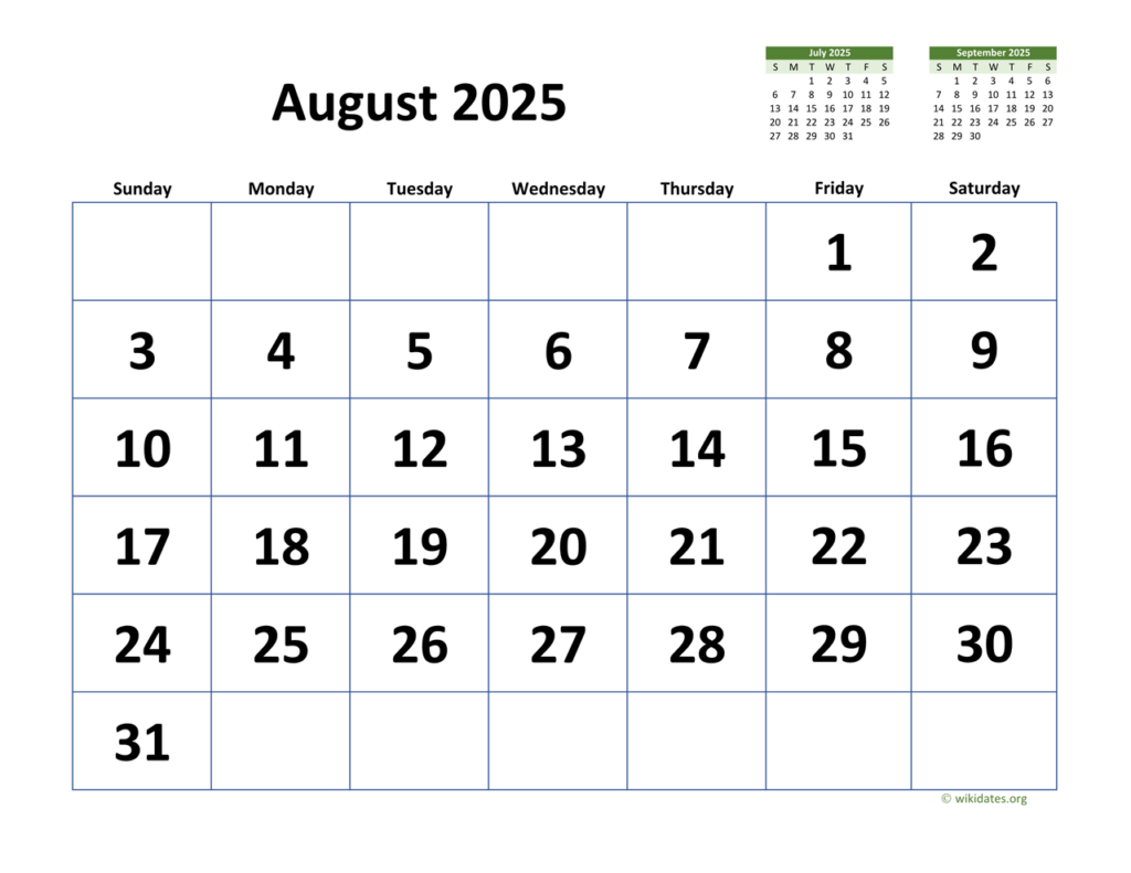 August 2025 Calendar 2025 August Month