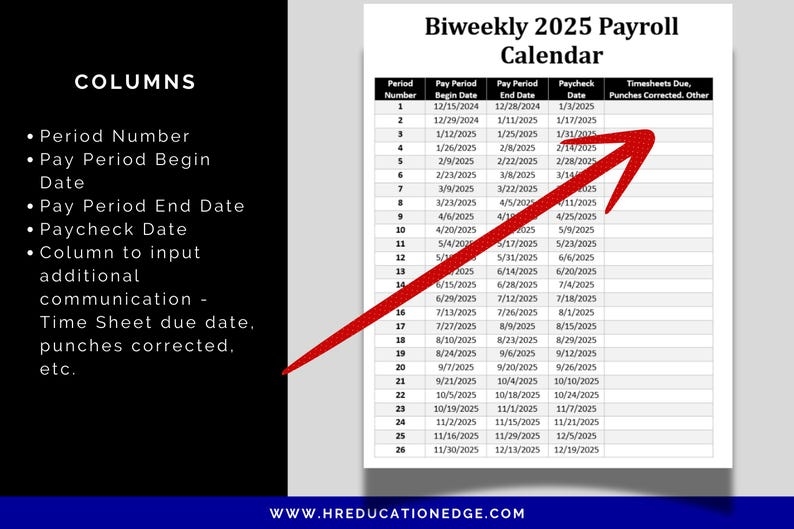 Biweekly Payroll Calendar 2025 MS Editable Word Excel Pay Period Start 