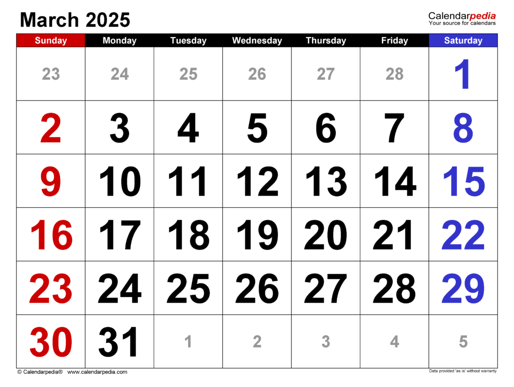 Calendar 2025 March Zoya Hope