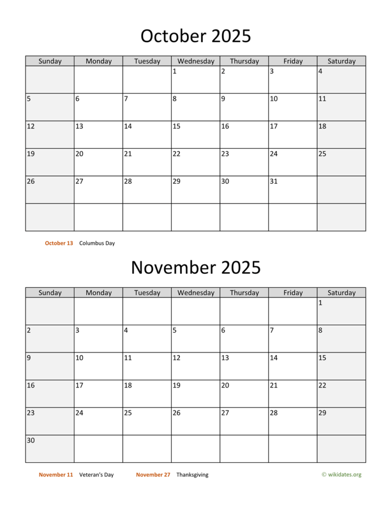 Calendar Year 2025 October And November Talia Arwa