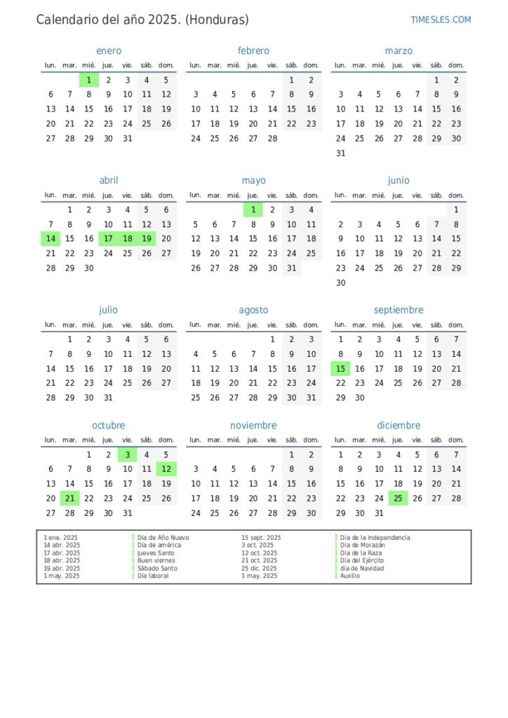 Calendario 2025 Con D as Festivos En Honduras Imprimir Y Descargar 