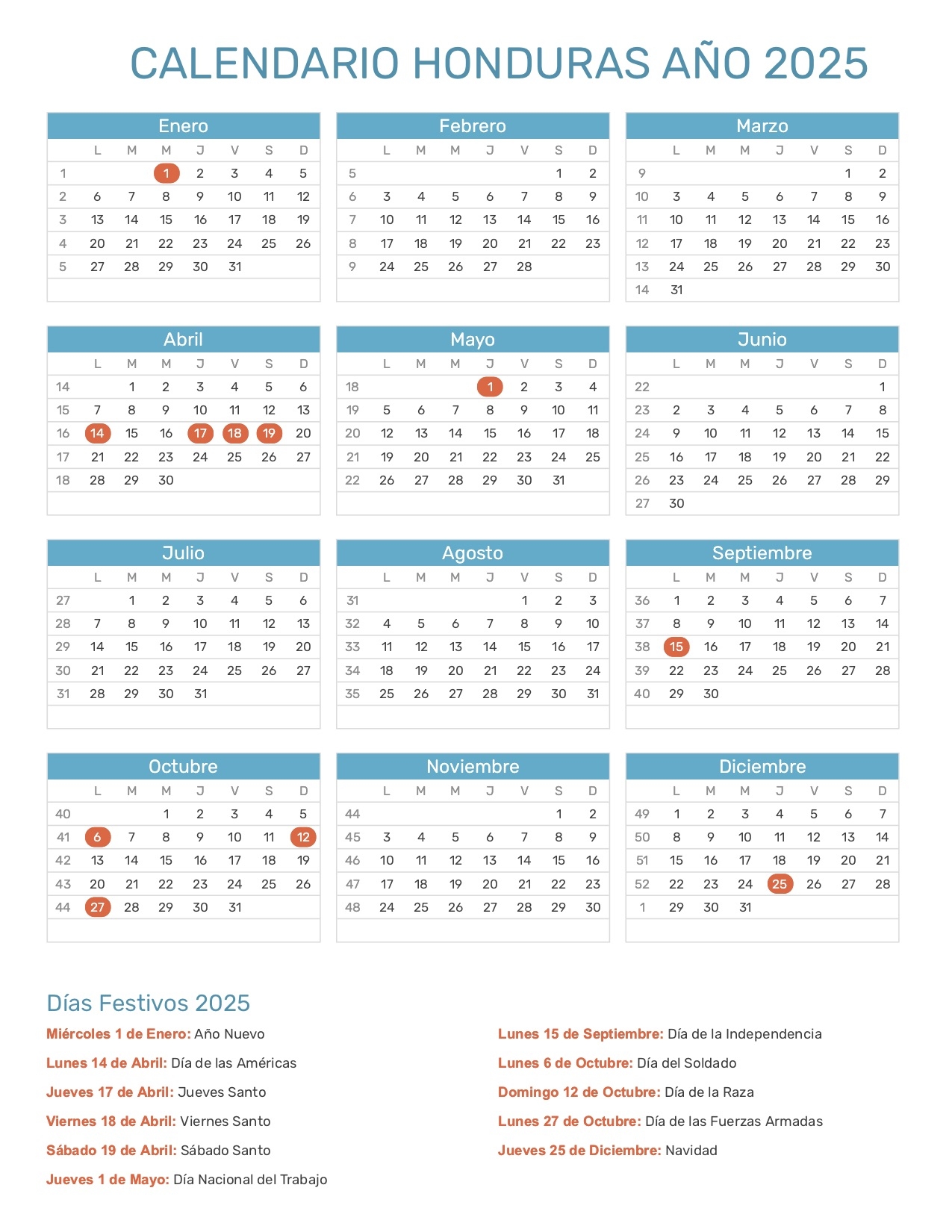 Calendario 2025 Honduras Con Feriados Calendrier 2025 2026 Gratuit