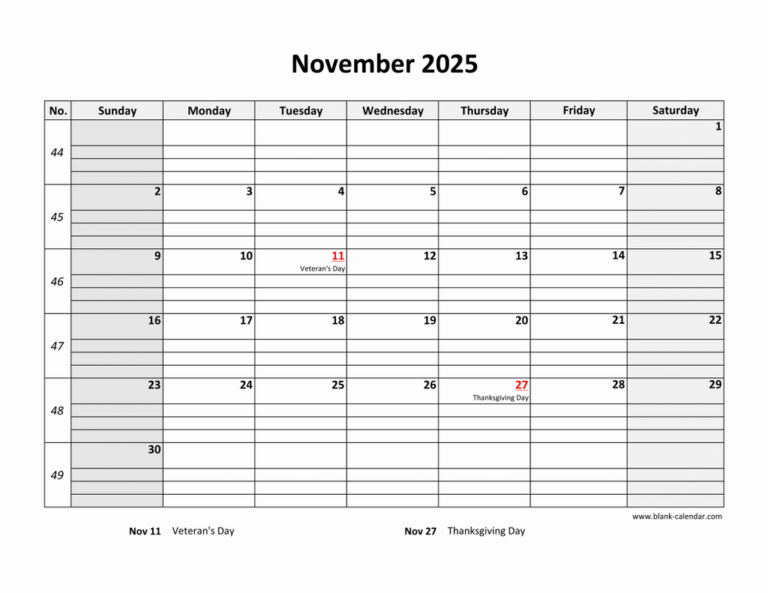 Free Download Printable November 2025 Calendar Large Box Grid Space 