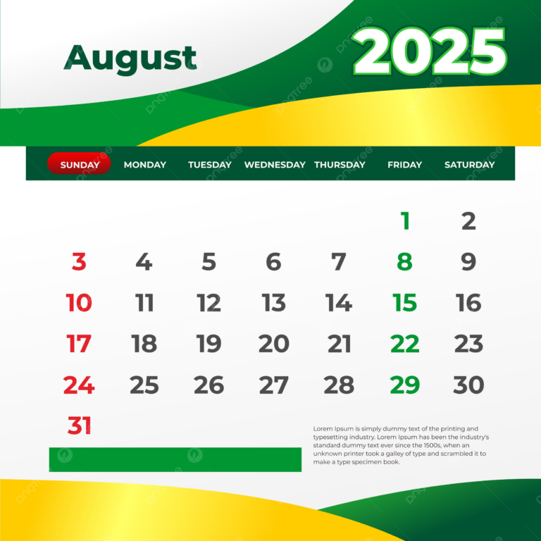 Green Calendar August 2025 Vector Template Download On Pngtree