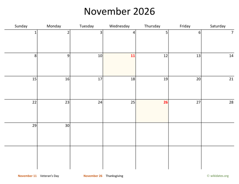 November 2026 Calendar With Bigger Boxes WikiDates