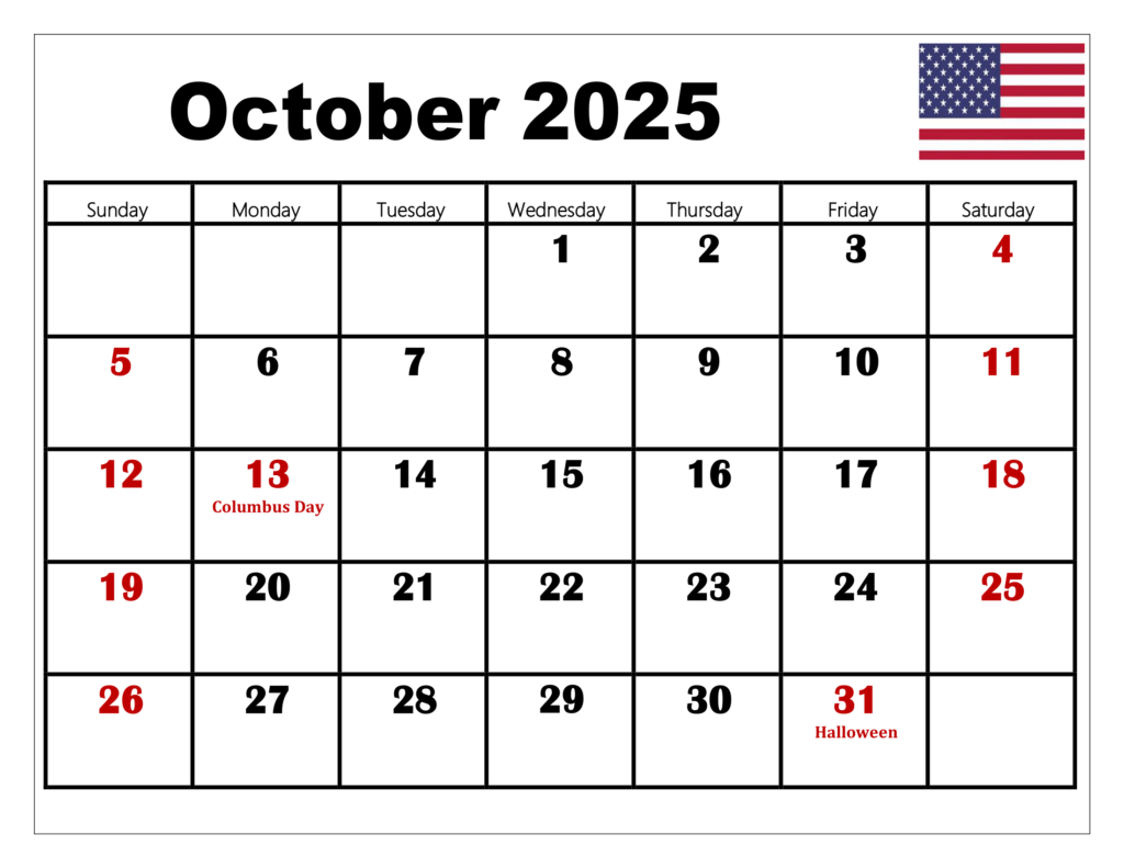 October 2025 Calendar Printable PDF Template With Holidays