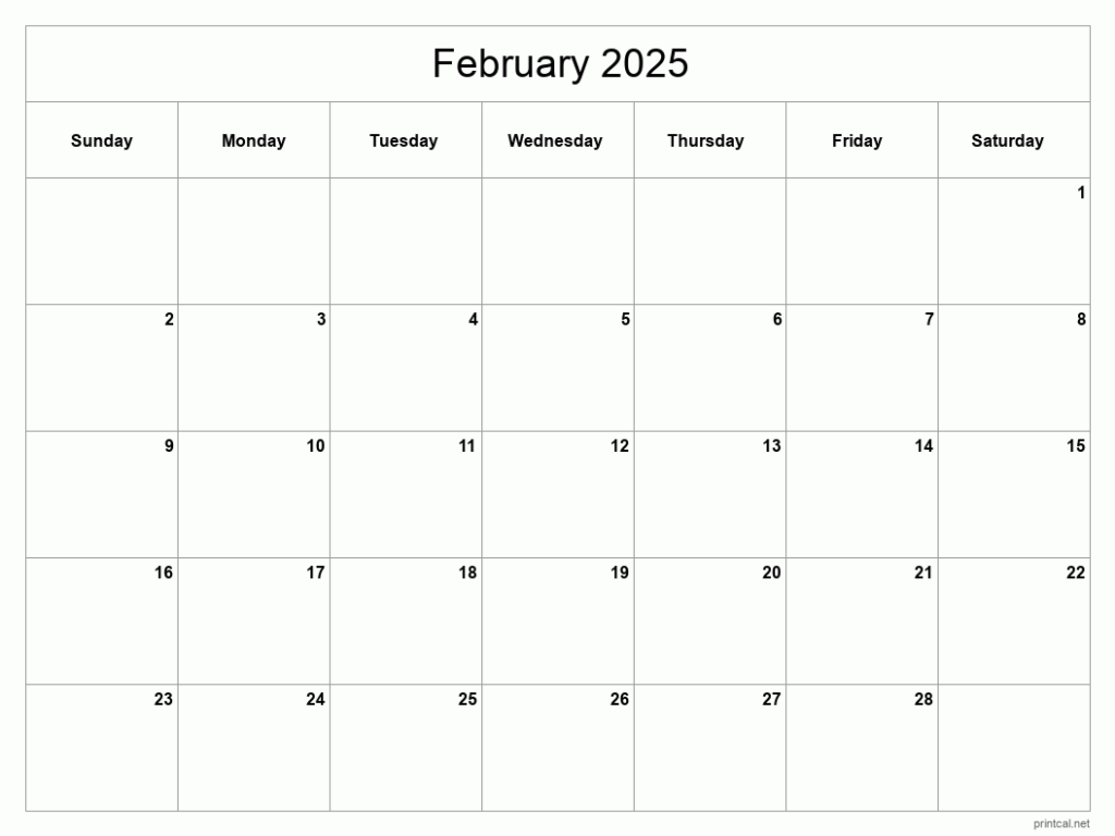 Printable February 2025 Calendar Classic Blank Sheet