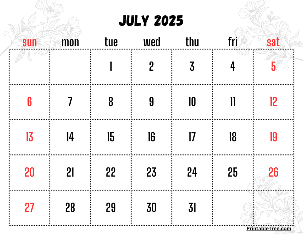 Printable Monthly Calendar July 2025 Free Suzy Marice