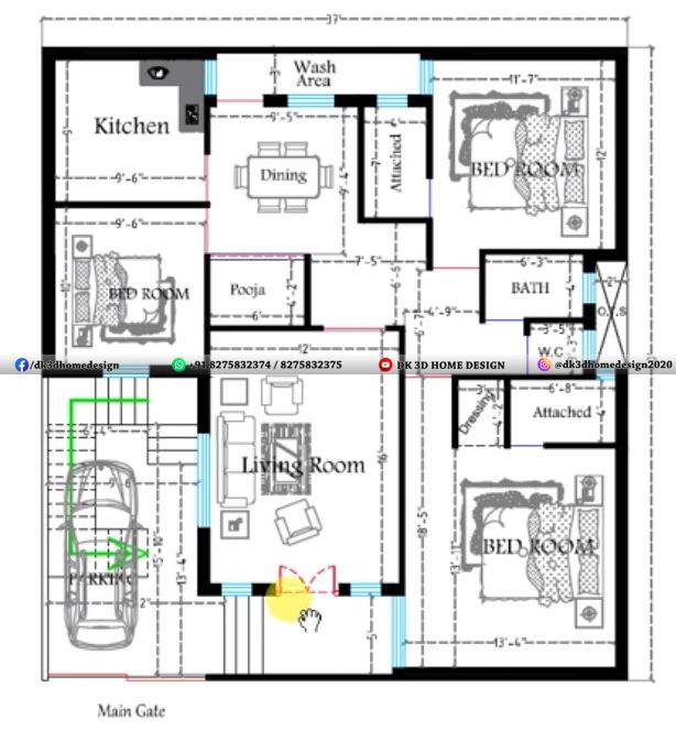 1600 Sq Ft House Plan With 3Bhk And Car Parking