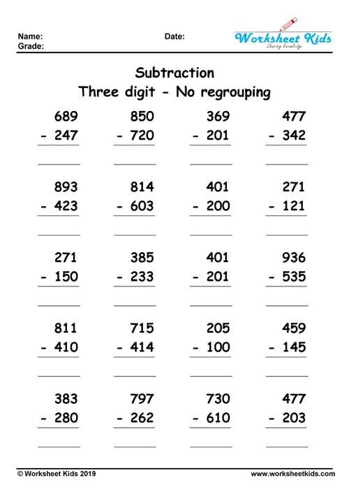 3 Digit Subtraction Without Regrouping Worksheets Free Printable PDF 3 Digit Subtraction Without Regrouping Worksheets Free Printable PDF