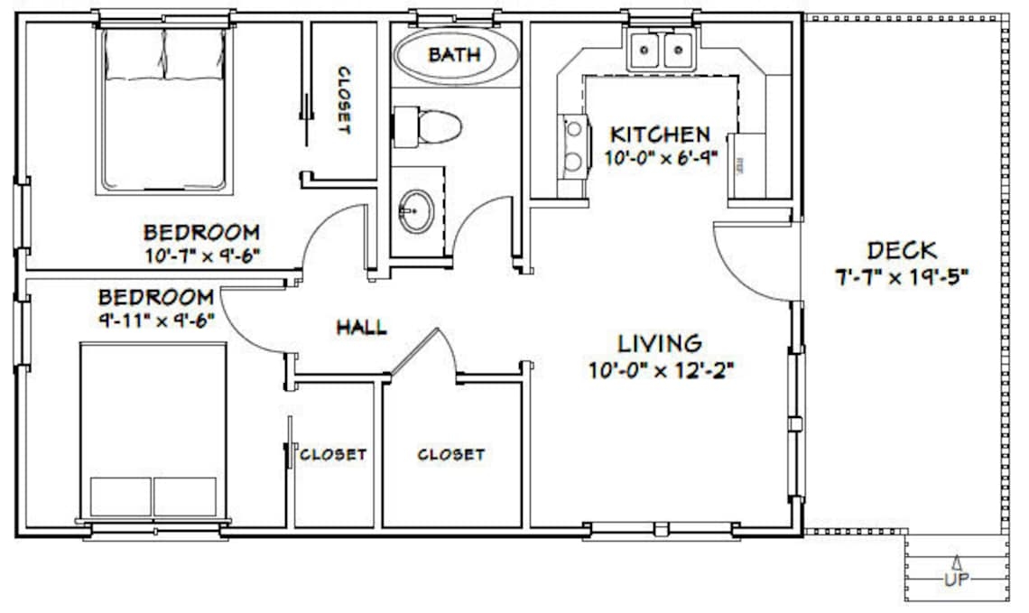 30x20 House 2 bedroom 1 bath 600 Sq Ft PDF Floor Plan Instant Download