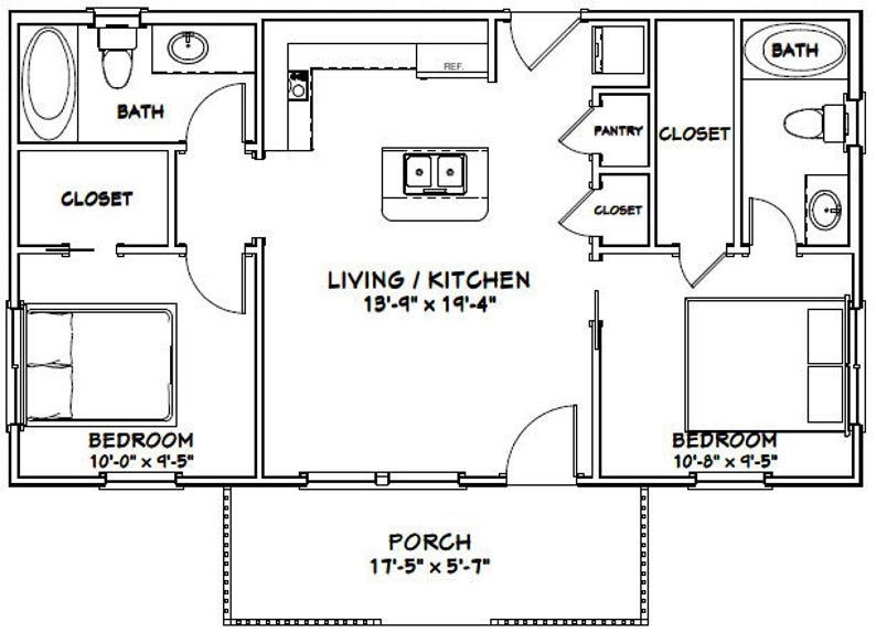 36x20 House 2 bedroom 2 bath 720 Sq Ft PDF Floor Plan Instant Download 