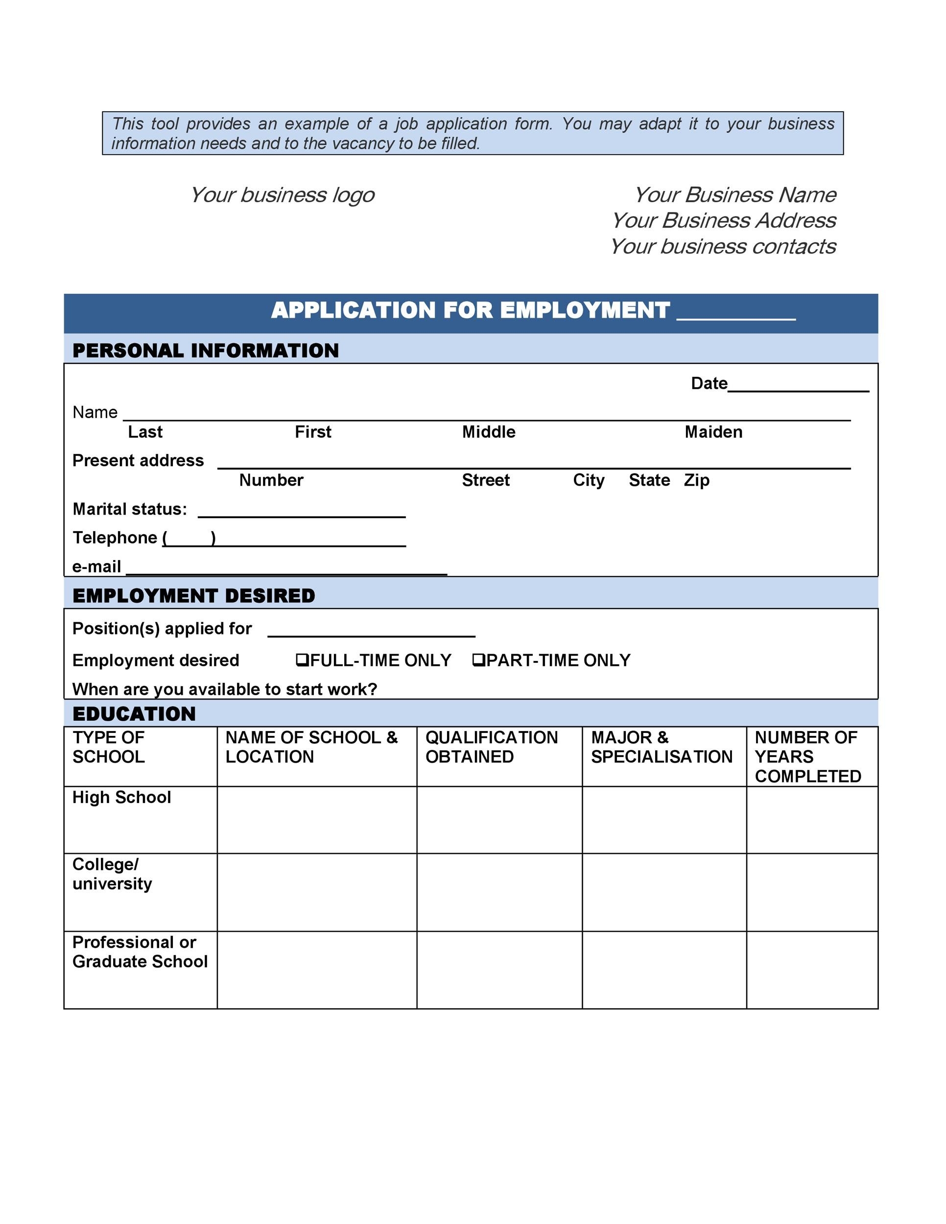 50 Free Employment Job Application Form Templates Printable 50 Free Employment Job Application Form Templates Printable