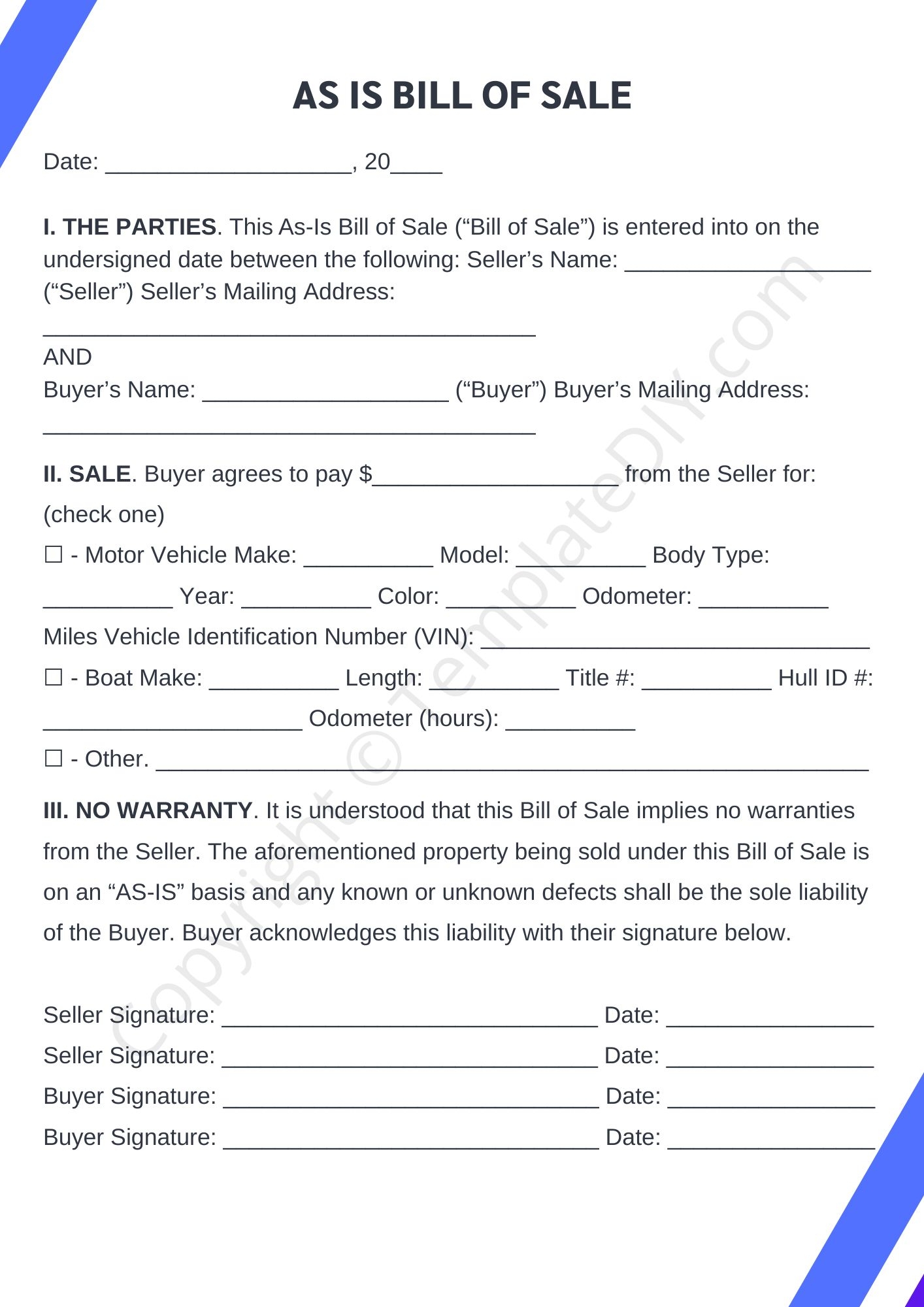 As Is Bill Of Sale Form Template Blank Printable In PDF Word