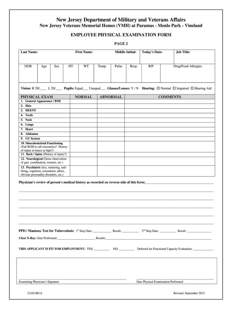 Basic Physical Exam Form Free Printable