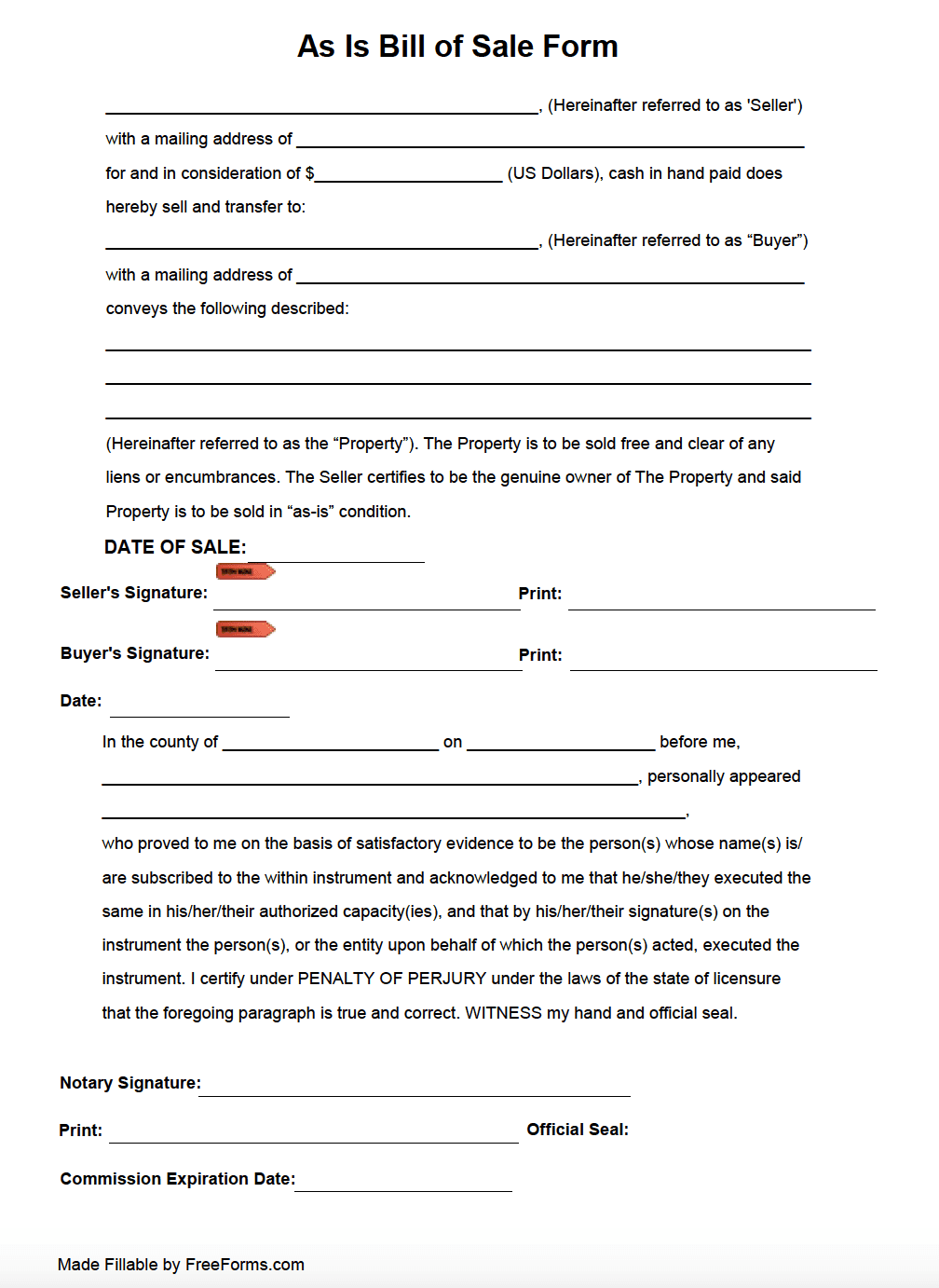 Bill Of Sale As Is Form Free Printable