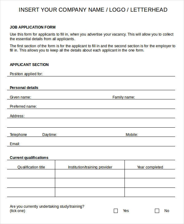 Blank Job Application Word Excel Free Premium Templates