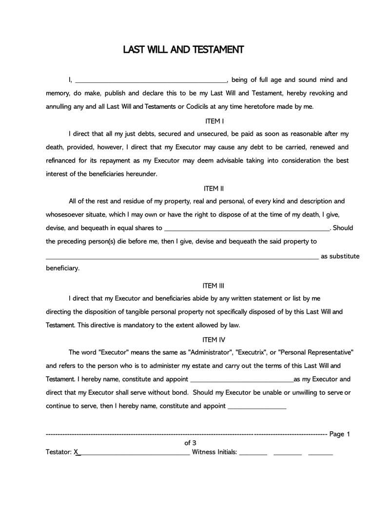 Blank Printable Simple Last Will And Testament Forms Printable Forms