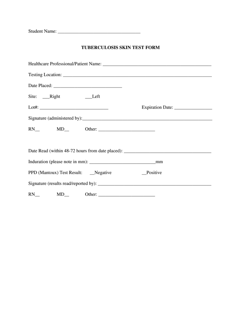 Bristol Community College Tuberculosis Skin Test Form Printable Blank 