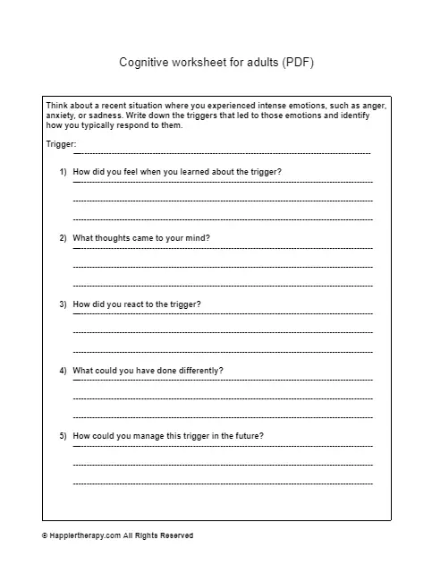 Cognitive Worksheet For Adults HappierTHERAPY Worksheets Library