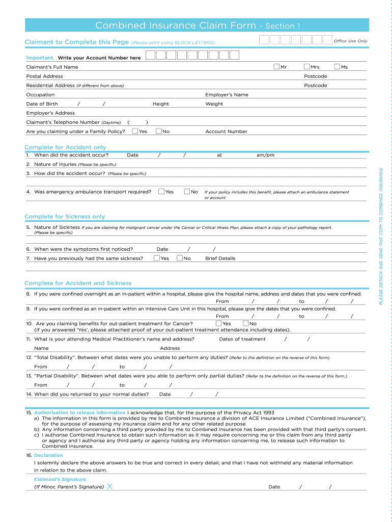 Combined Insurance Claim Form Fill Online Printable Fillable Blank Combined Insurance Claim Form Fill Online Printable Fillable Blank