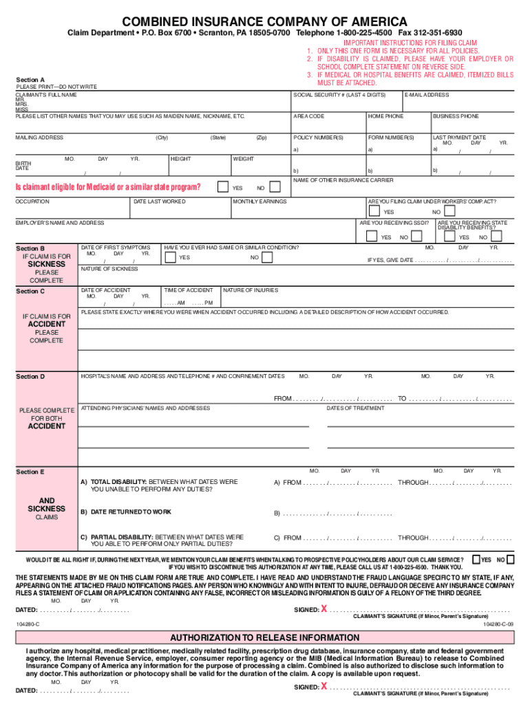 Combined Insurance Claim Forms Printable Combined Insurance Claim Forms Printable