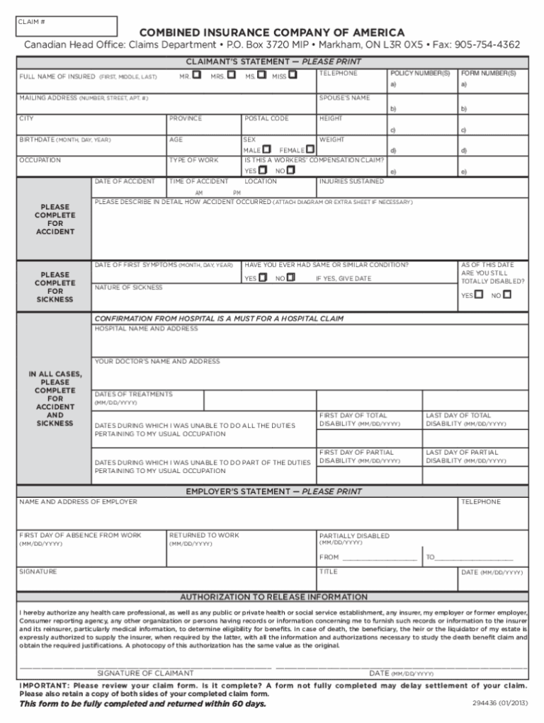 Combined Insurance Printable Claim Forms Printable Forms Free Online