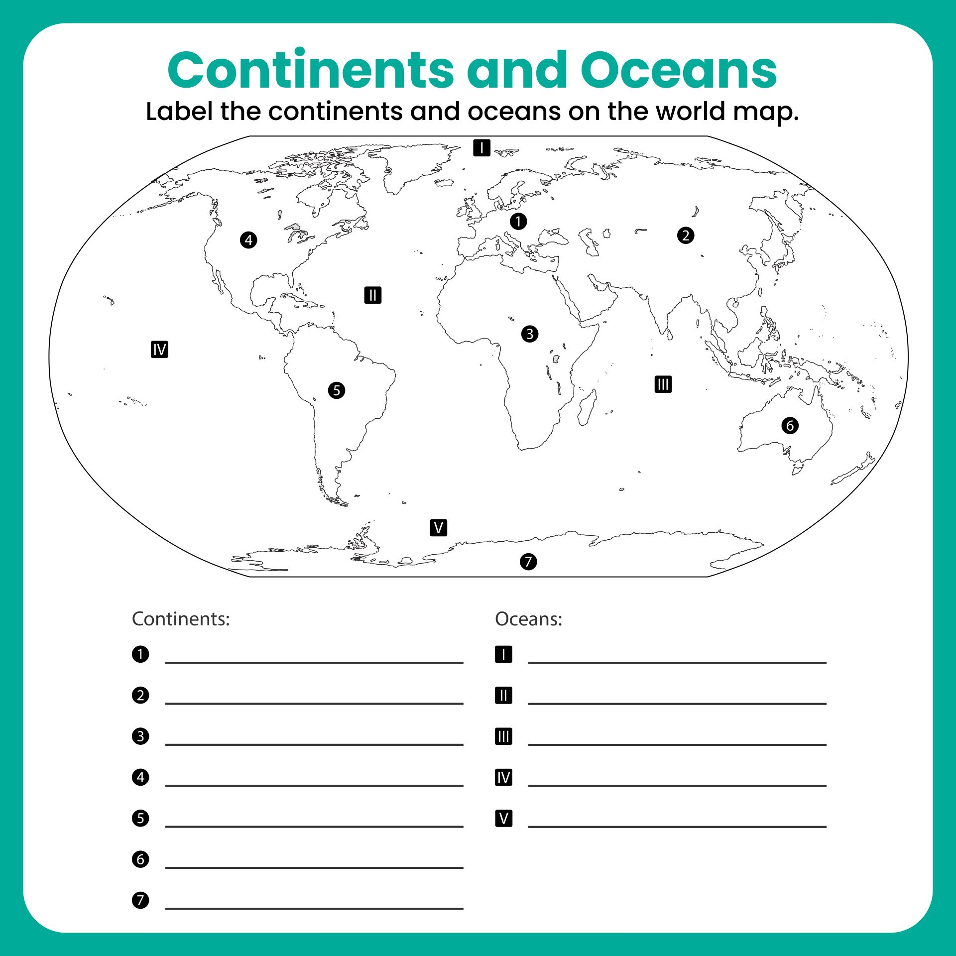 Continents And Oceans Worksheet For Kids